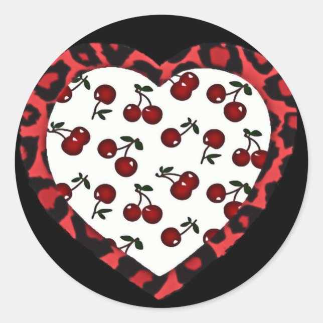RAB Rockabilly Cherries Leopard Print Heart Classic Round Sticker (Front)