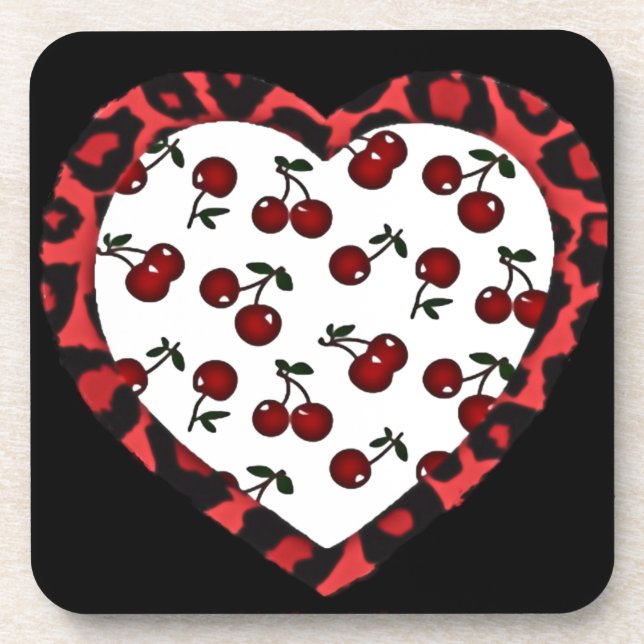 RAB Rockabilly Cherries Leopard Print Heart Coaster (Front)