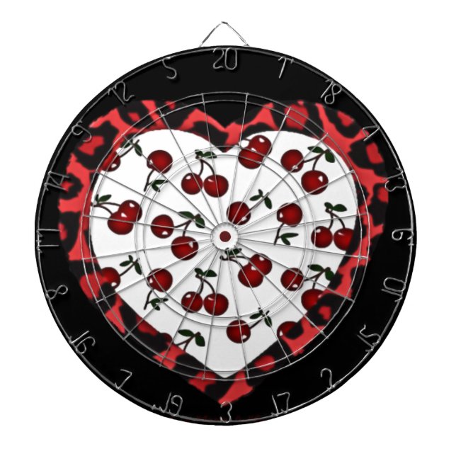 RAB Rockabilly Cherries Leopard Print Heart Dartboard (Front)