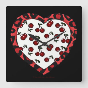 RAB Rockabilly Cherries Leopard Print Heart Square Wall Clock