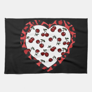 RAB Rockabilly Cherries Leopard Print Heart Tea Towel