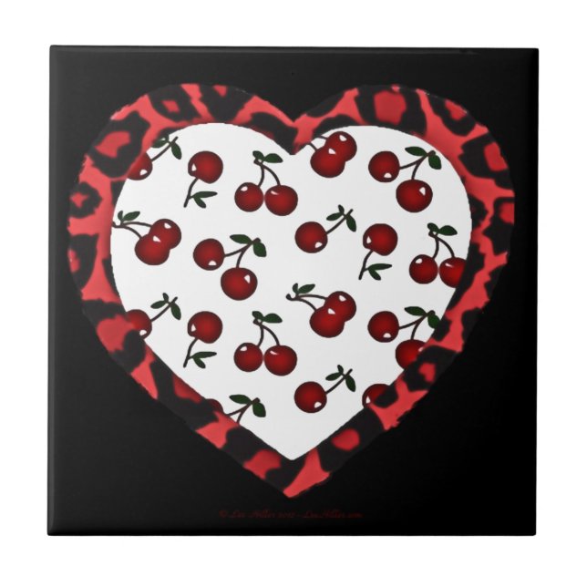 RAB Rockabilly Cherries Leopard Print Heart Tile (Front)