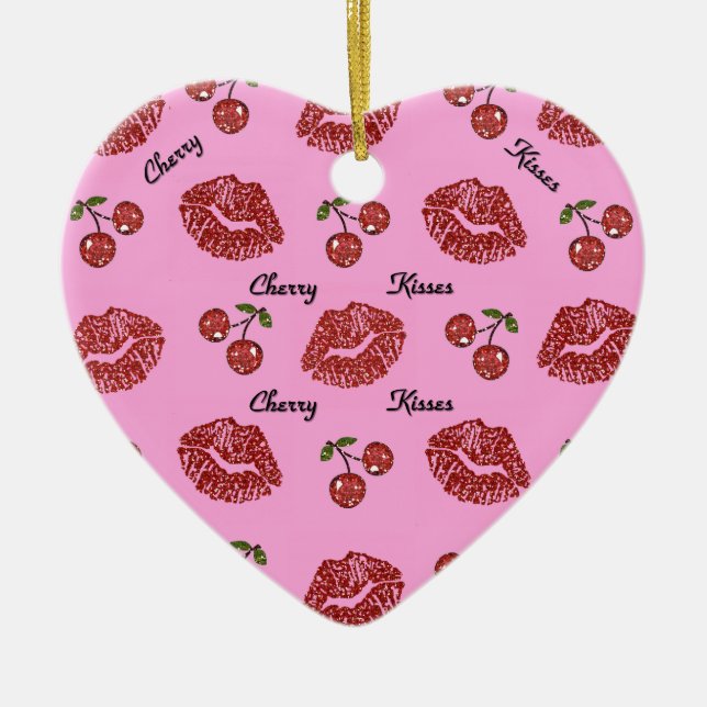 RAB Rockabilly Cherry Kisses on Pink Ceramic Ornament (Front)