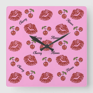 RAB Rockabilly Cherry Kisses on Pink Square Wall Clock