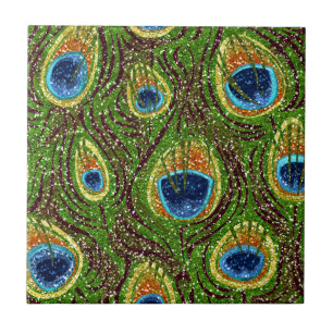 RAB Rockabilly Colourful Peacock Feathers Print Ceramic Tile