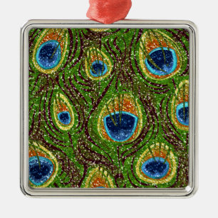 RAB Rockabilly Colourful Peacock Feathers Print Metal Ornament