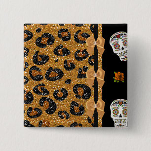 RAB Rockabilly Gold Leopard Print Sugar Skulls 15 Cm Square Badge