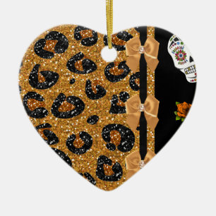 RAB Rockabilly Gold Leopard Print Sugar Skulls Ceramic Ornament