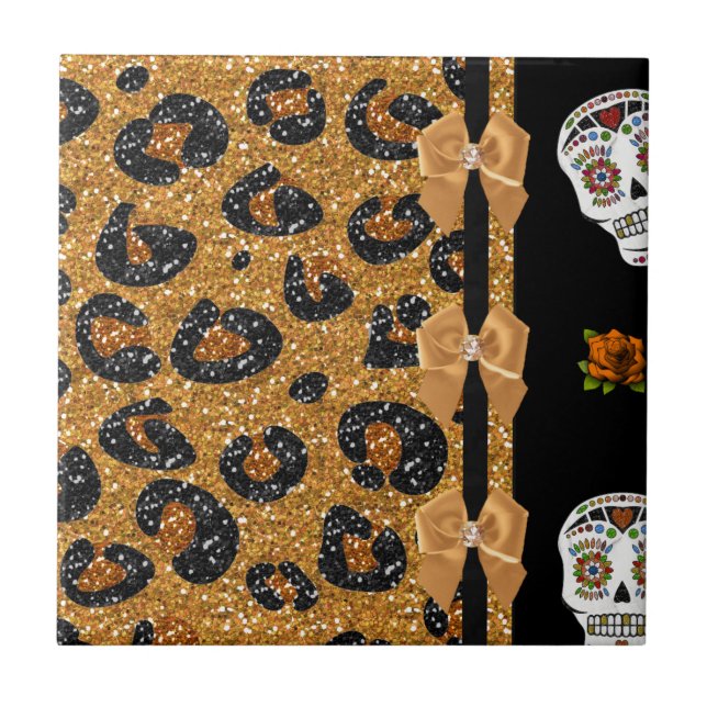 RAB Rockabilly Gold Leopard Print Sugar Skulls Ceramic Tile (Front)