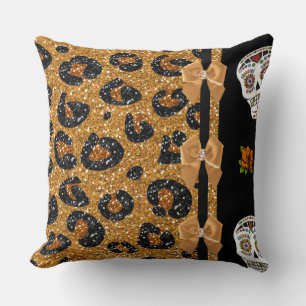 RAB Rockabilly Gold Leopard Print Sugar Skulls Cushion