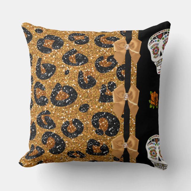RAB Rockabilly Gold Leopard Print Sugar Skulls Cushion (Front)