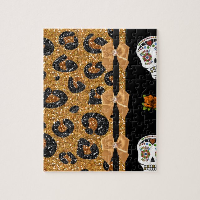 RAB Rockabilly Gold Leopard Print Sugar Skulls Jigsaw Puzzle (Vertical)