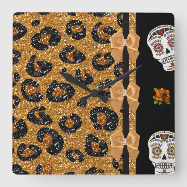 RAB Rockabilly Gold Leopard Print Sugar Skulls Square Wall Clock (Front)