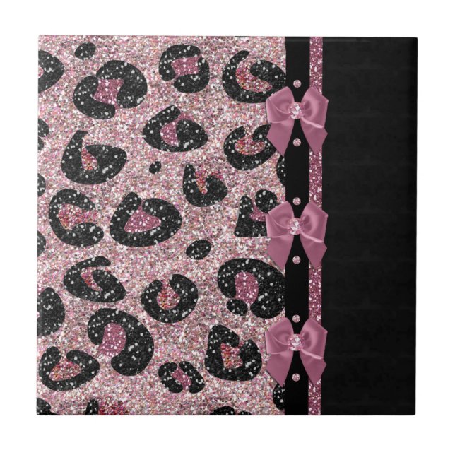 RAB Rockabilly Pink Leopard Print Ribbon Bows Ceramic Tile (Front)