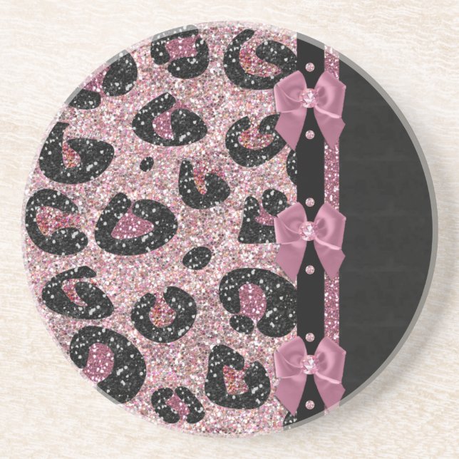 RAB Rockabilly Pink Leopard Print Ribbon Bows Coaster (Front)