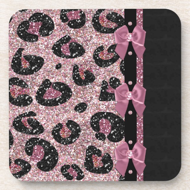 RAB Rockabilly Pink Leopard Print Ribbon Bows Coaster (Front)