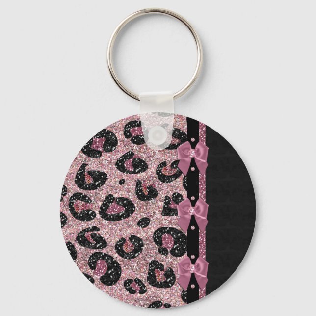 RAB Rockabilly Pink Leopard Print Ribbon Bows Key Ring (Front)