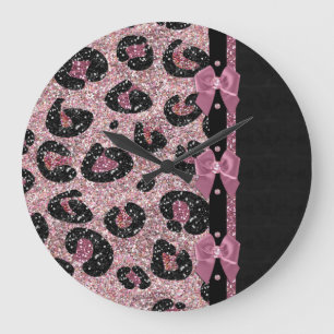 RAB Rockabilly Pink Leopard Print Ribbon Bows Large Clock