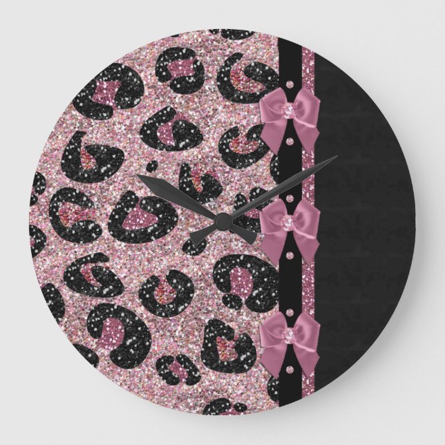 RAB Rockabilly Pink Leopard Print Ribbon Bows Large Clock (Front)