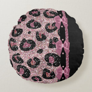 RAB Rockabilly Pink Leopard Print Ribbon Bows Round Cushion