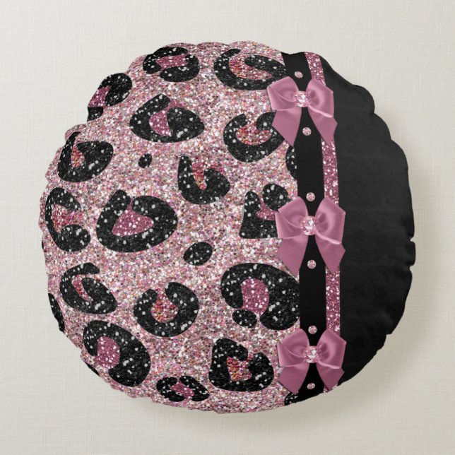 RAB Rockabilly Pink Leopard Print Ribbon Bows Round Cushion (Front)