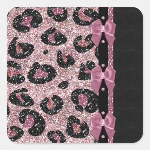 RAB Rockabilly Pink Leopard Print Ribbon Bows Square Sticker