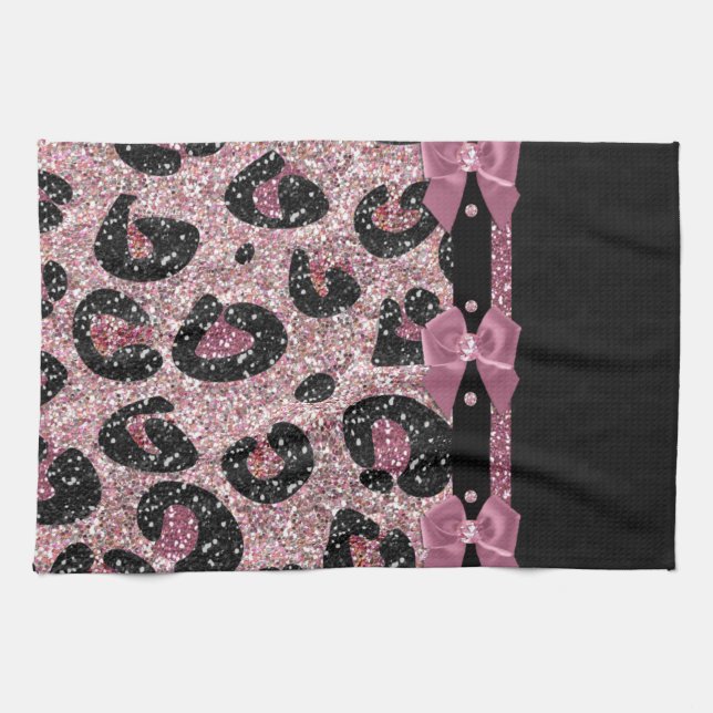 RAB Rockabilly Pink Leopard Print Ribbon Bows Tea Towel (Horizontal)