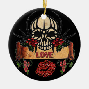 RAB Rockabilly Skull Roses Love Lipstick Ceramic Ornament