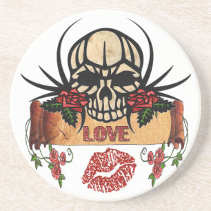 RAB Rockabilly Skull Roses Love Lipstick Coaster