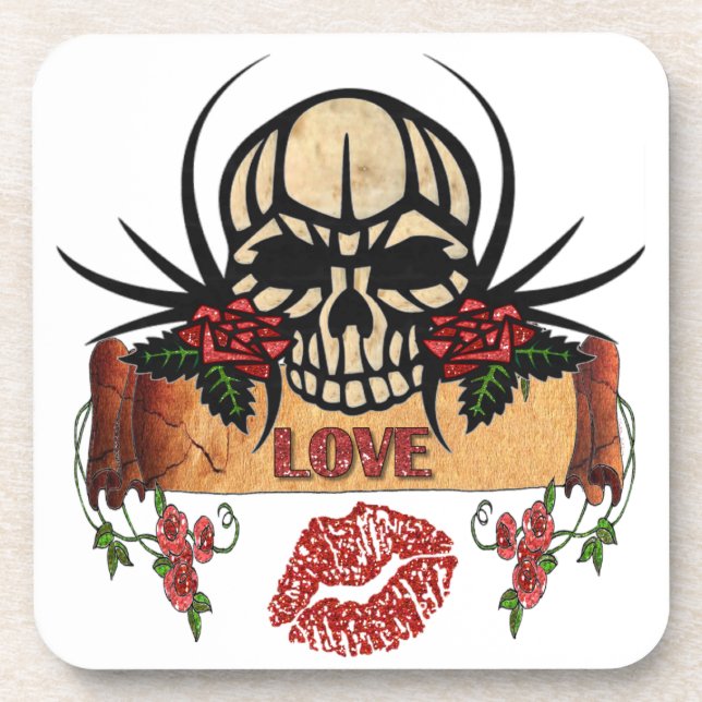 RAB Rockabilly Skull Roses Love Lipstick Coaster (Front)