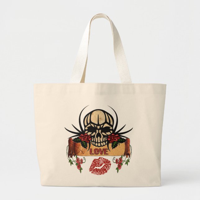 RAB Rockabilly Skull Roses Love Lipstick Large Tote Bag (Front)
