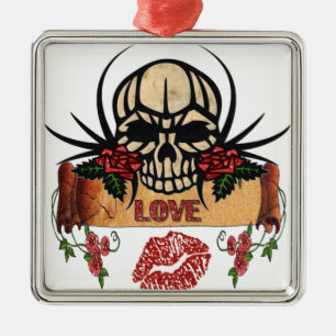RAB Rockabilly Skull Roses Love Lipstick Metal Ornament