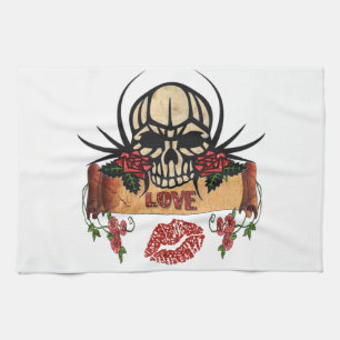 RAB Rockabilly Skull Roses Love Lipstick Tea Towel