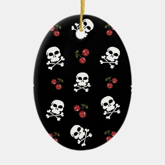 RAB Rockabilly Skulls and Cherries on Black Ceramic Ornament (Front)