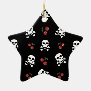 RAB Rockabilly Skulls and Cherries on Black Ceramic Ornament