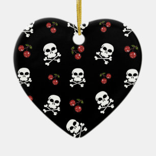 RAB Rockabilly Skulls and Cherries on Black Ceramic Ornament