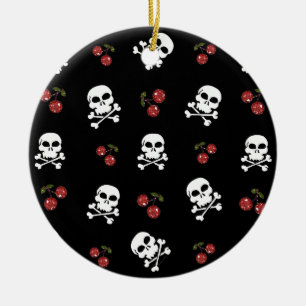 RAB Rockabilly Skulls and Cherries on Black Ceramic Tree Decoration