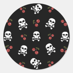 RAB Rockabilly Skulls and Cherries on Black Classic Round Sticker