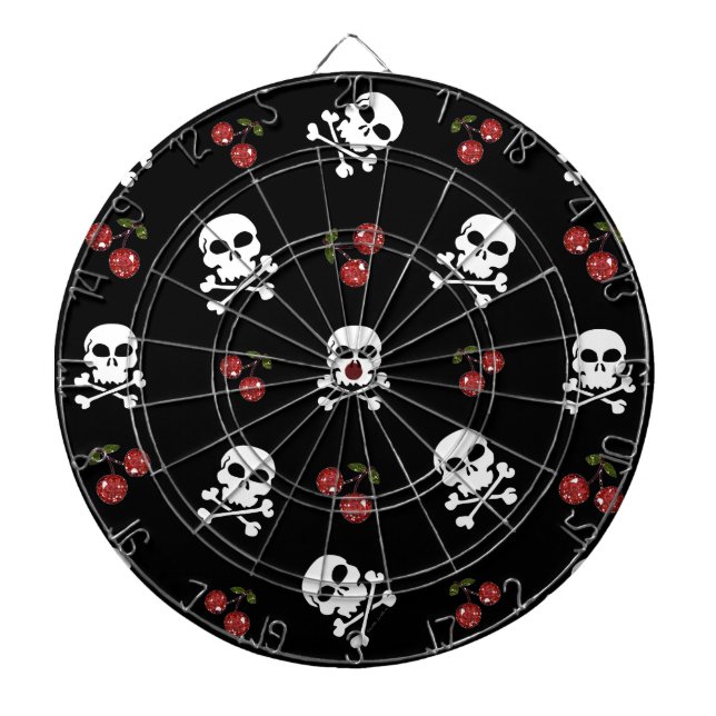 RAB Rockabilly Skulls and Cherries on Black Dartboard (Front)