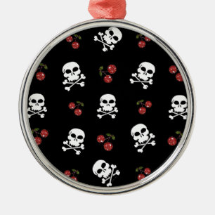 RAB Rockabilly Skulls and Cherries on Black Metal Ornament
