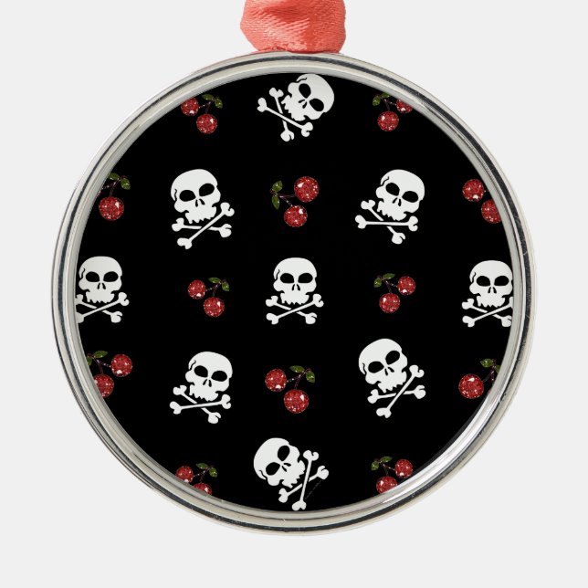 RAB Rockabilly Skulls and Cherries on Black Metal Ornament (Front)