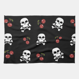 RAB Rockabilly Skulls and Cherries on Black Tea Towel