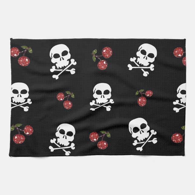 RAB Rockabilly Skulls and Cherries on Black Tea Towel (Horizontal)
