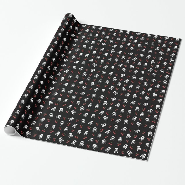 RAB Rockabilly Skulls and Cherries on Black Wrapping Paper (Unrolled)
