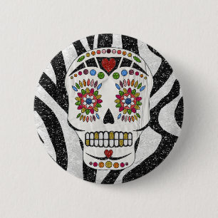 RAB Rockabilly Sugar Skull on Zebra Print 6 Cm Round Badge