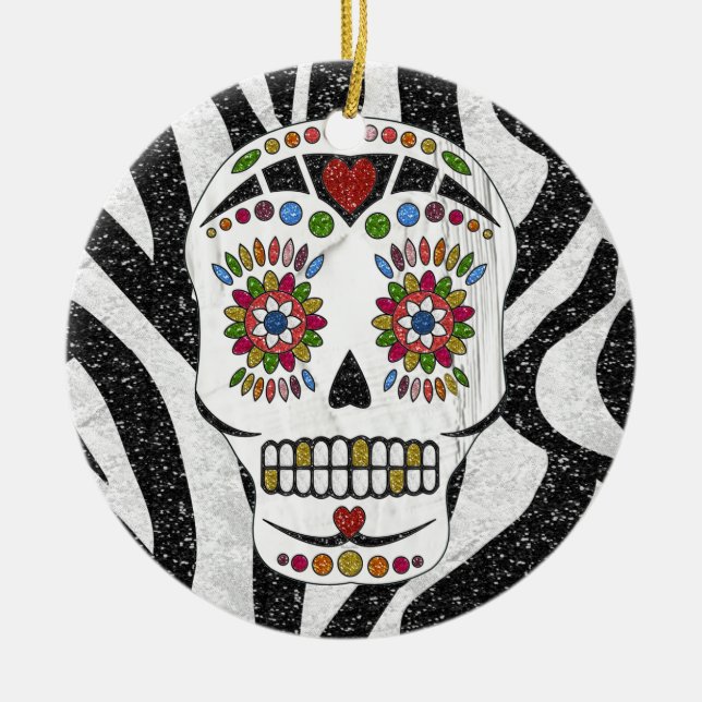 RAB Rockabilly Sugar Skull on Zebra Print Ceramic Ornament (Front)