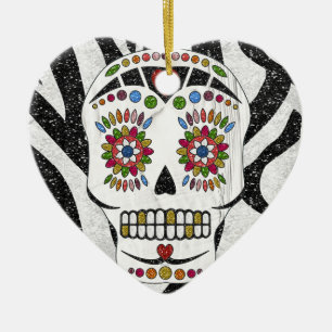 RAB Rockabilly Sugar Skull on Zebra Print Ceramic Ornament