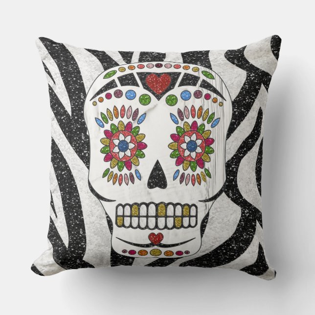 RAB Rockabilly Sugar Skull on Zebra Print Cushion (Front)