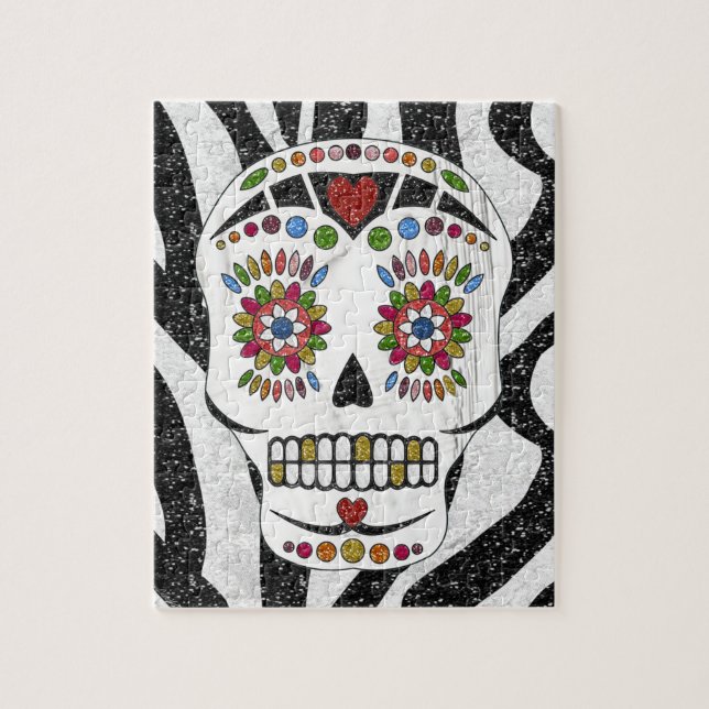 RAB Rockabilly Sugar Skull on Zebra Print Jigsaw Puzzle (Vertical)