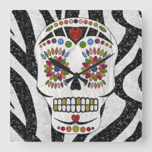 RAB Rockabilly Sugar Skull on Zebra Print Square Wall Clock